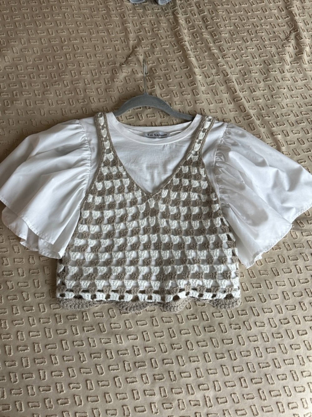 En Saison Crochet Check Cropped Tank in Cream and Tan